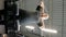 middle-aged redhead is engaged in the gym and trains the abdominal press, bottom view, vertical video