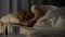 Middle-aged sick lady sleeping with pills and water glass on table, health