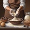 Middle-aged woman\\\'s hands kneading dark chocolate and cereals, flour, dough, oil
