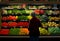A middle-aged woman stands in front of a display case with vegetables and fruits in a supermarket. AI Generated