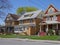 Middle class American brick houses with flags