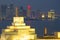 Middle East, Qatar, Doha, Museum of Islamic Art & West Bay Central Financial District from East Bay District at Dusk