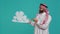 Middle eastern adult holds cloud icon