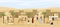 Middle Eastern cityscape scene vector flat illustration. Man smoking hookah, camel. Desert landscape