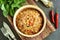 Middle Eastern cuisine - babaganush eggplant caviar from baked eggplant and pepper, with tomatoes, chili pepper, onion with oliv