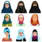 Middle Eastern female avatars set. Arabian muslim woman traditional hijab face collection.