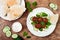 Middle eastern spiced lamb meatballs with cucumber, mint and yogurt sauce. Oriental, arab cuisine.