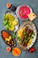 Middle Eastern traditional dinner. Authentic arab cuisine. Meze party food. Top view, flat lay