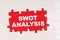 In the middle of the puzzles on a red background it is written - SWOT ANALYSIS