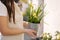 Middle selection of female gardening outdoor. Happy woman hold metal bucket with daffodils. Flowerbed on balcony