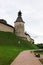 The middle tower with wooden roof of Pskov kremlin krom medieval fortress, famous landmark of Russia