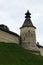 The middle tower with wooden roof of Pskov kremlin krom medieval fortress, famous landmark of Russia