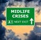 MIDLIFE CRISES road sign against clear blue sky