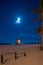 Midnight beach scene with full moon over ocean