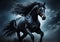 Midnight Gallop: Majestic and Beautiful Black Horse Amidst Stormy Night Sky