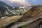 The midnight of Landmannalaugar landscape along Brennisteinsoldukvisl river flow in Iceland Highlands