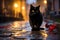 Midnight Mystery: Enigmatic Black Cat in a Foggy Moonlit Town