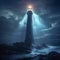 Midnight mystery Haunted lighthouse bathed in mystical light beams