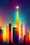 Midnight rainbow. A colorful nighttime skyline. Twilight towers. A vibrant cityscape beneath a blue starry night. AI