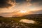 Midnight sun rising over Knivskjellodden, a trail in the tundra towards the true northernmost point of Europe,  Norway