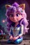 Midnight Whiskers Cartoon Little Women with Purple Hair and Golden Cat Ears