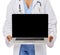 Midsection Of Doctor Promoting Laptop