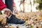 A midsection of female runner outdoors in autumn nature, tying shoelaces.