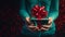 Midsection of person holding wrapped gift with tied red bow for Christmas or birthday celebration. Cropped close-up with copyspace