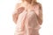 midsection view of elegant girl in pink chiffon dress,