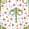Midsummer festival background. Vector seamless pattern with summer meadow flowers and maypole. National Sweden holiday Midsommar