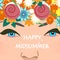 Midsummer holiday banner. Beautiful girl with floral wreath and text Happy midsummer. Vector illustration