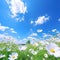 Midsummer landscape with blue skies, fluffy clouds and green grass. Generative AI