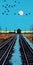 Midwest Gothic Painting Of Train Tracks With Birds In Tim Doyle Style