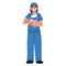 A midwife or a doctor with a newborn. A woman nurse, doctor or midwife smiles in a blue uniform, standing tall, holding