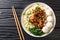 Mie Ayam Pangsit is a delicious Indonesian homemade recipe for noodles, chicken, meatballs bakso closeup in the bowl. Horizontal