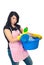 Miffed woman holding cleaning products