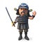 Mighty Japanese samurai swords man with katana waves hello, 3d illustration