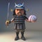 Mighty Japanese samurai warrior in armour in 3d holding his katana sword and human brain, 3d illustration