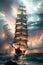 The Mighty Pirate Ship\\\'s Endeavor to Sail through Stormy Skies and Rolling Waves on a Challenging Sea. AI generated