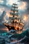 The Mighty Pirate Ship Sailing through Stormy Skies and Towering Waves. AI generated