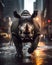 Mighty Rhinoceros Charging Through Rainy Streets of New York. Generative ai