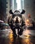 Mighty Rhinoceros Charging Through Rainy Streets of New York. Generative ai