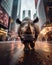 Mighty Rhinoceros Charging Through Rainy Streets of New York. Generative ai