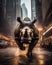 Mighty Rhinoceros Charging Through Rainy Streets of New York. Generative ai