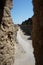 Mighty stone wall surrounding the medieval fortress town of Rhodes, Greece