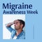 Migraine awareness week text on blue with caucasian man holding forehead in pain