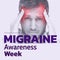 Migraine awareness week text in purple over caucasian man touching head in pain