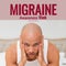 Migraine awareness week text in red over bald biracial man holding head in pain