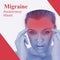 Migraine awareness week text in red with unhappy caucasian woman holding head in pain