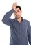 Migraine: young manager with headache in blue shirt isolated on